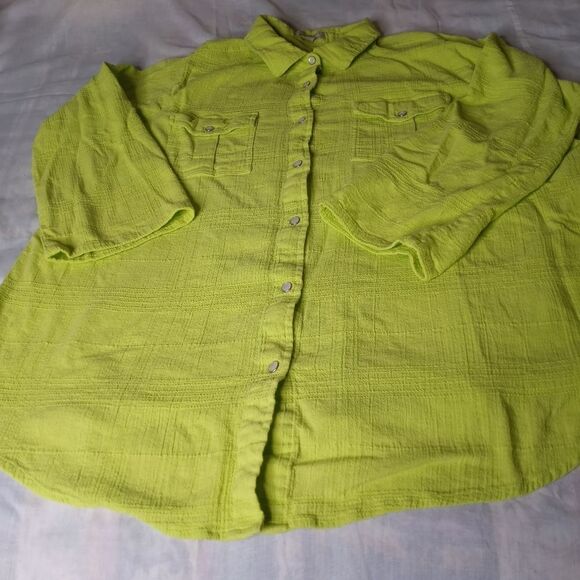 Woman Within 22/24 1x 100% Cotton RolledLngslvsPocketsButtonsUpLime Shirt Blouse - Picture 1 of 8